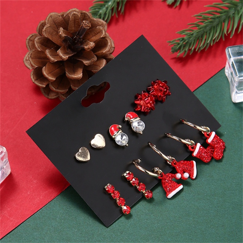 6 Pasang / Set Anting Stud Bentuk Topi Santa Claus Natal Warna Merah Untuk Wanita