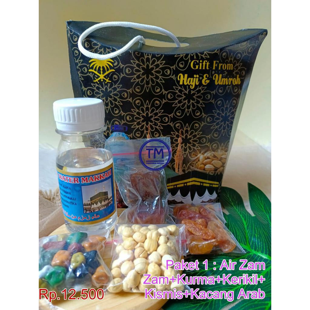 NEW PAKET SOUVENIR OLEH-OLEH HAJI &amp; UMROH Kemasan Kardus Isi Air Zam-zam 80 ml Kurma Kacang Arab Kismis Cokelat Kerikil Tasbih 33