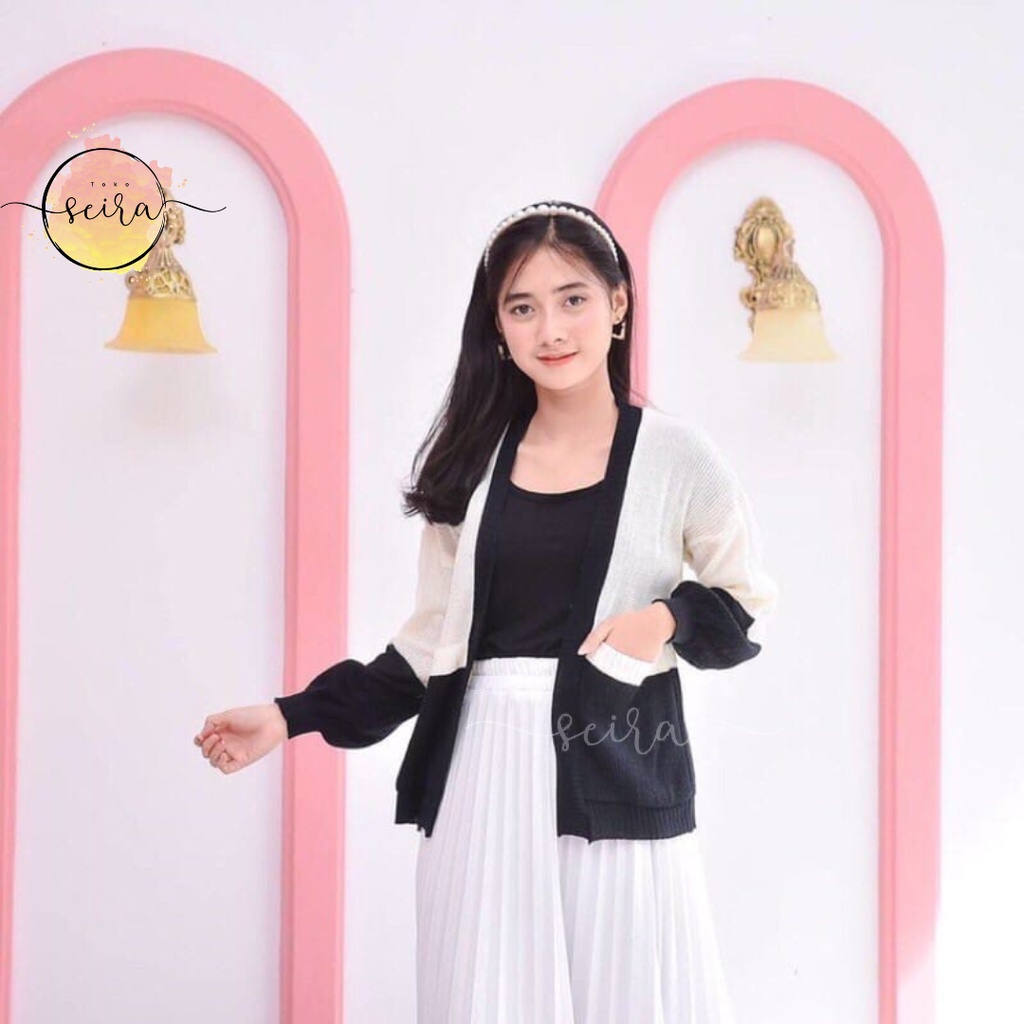 [BISA COD] Manda Outer Cardy 2 Tone / Sweater Wanita / Cardigan Rajut / Outer Wanita / Knit Cardigan / Outer Rajut / Manda Cardi