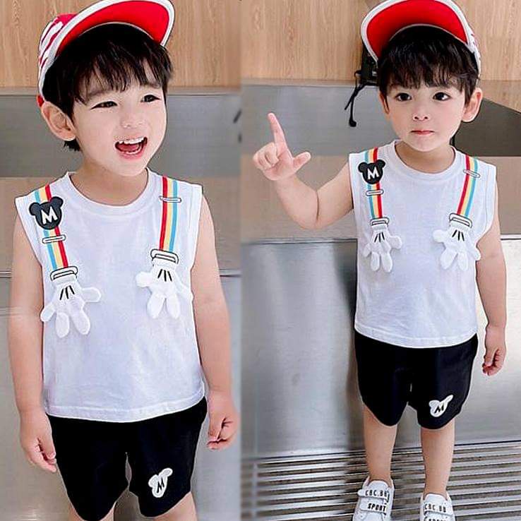 Baju Mickey Kaos Singlet Anak Warna Putih Setelan Celana Hitam Karakter Kartun Mickey MOuse