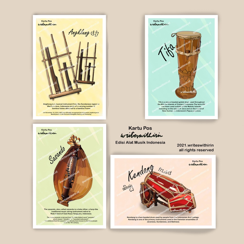 

(writeswithirin) Kartu Pos/ Post Card/ Postcard Alat Musik Tradisional Indonesia