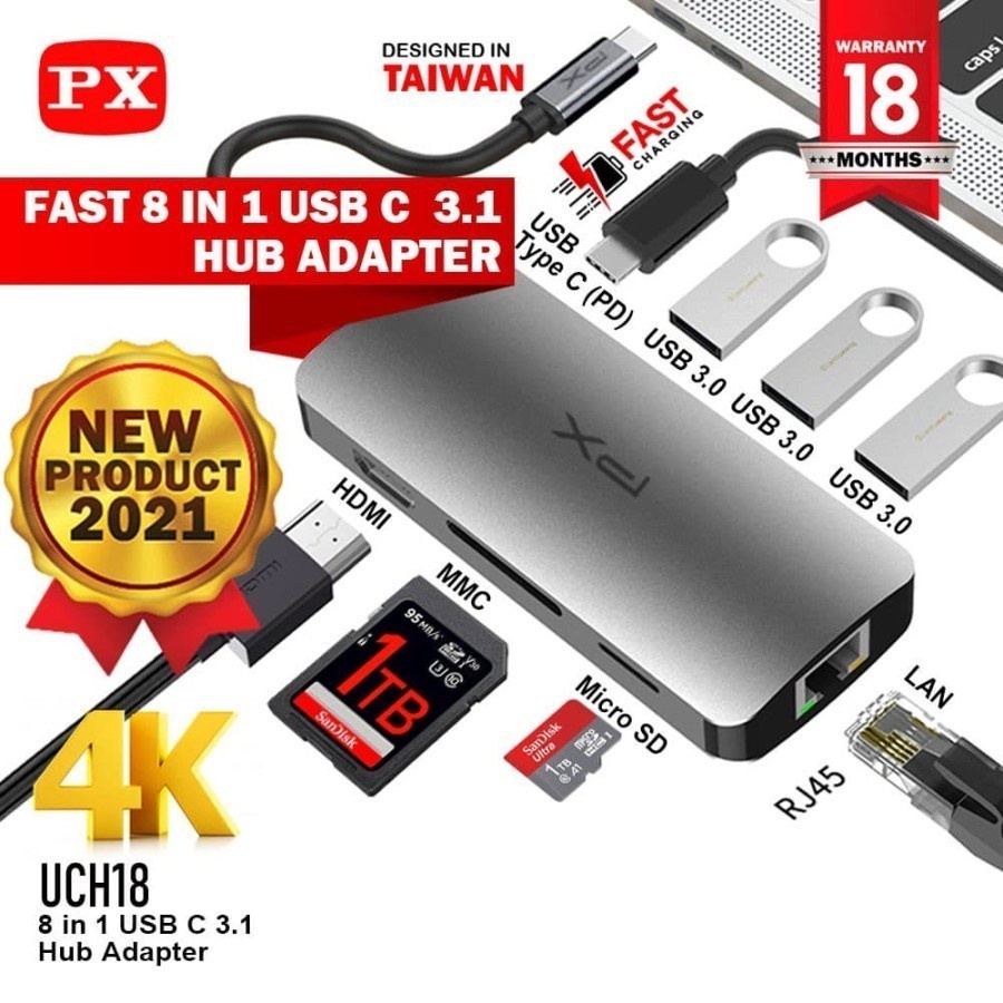 PX UCH18 8 in 1 - USB Hub Converter Type C Ipad to HDMI USB 3.0