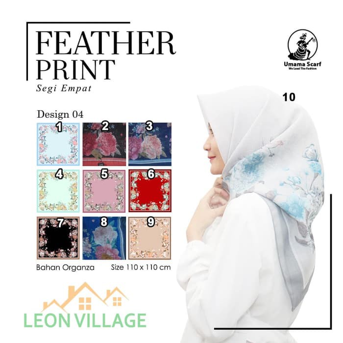 Kerudung FEATHER PRINT A4 UMAMA Hijab Jilbab Organza Segi Empat Motif