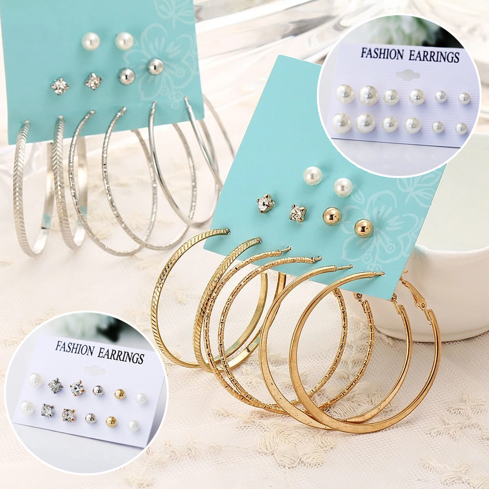 SET 6PCS Anting Gaya Korea Mutiara Lingkaran Permata untuk Wanita Women Earrings Piercing