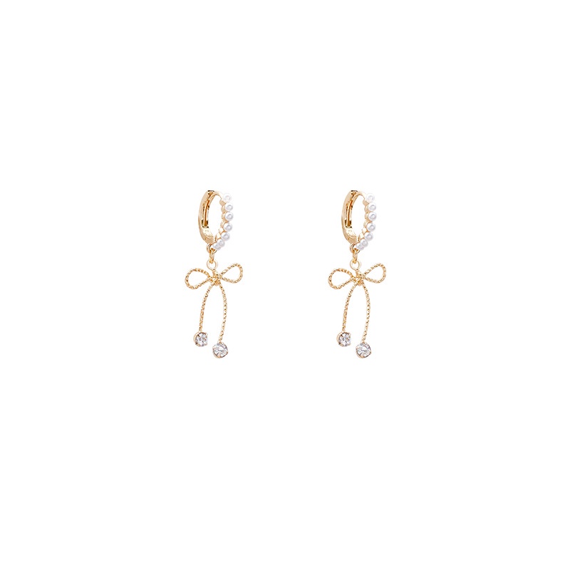 Anting Tusuk Gantung Bahan Sterling silver 925 Desain Pita + Mutiara + Berlian Untuk Wanita