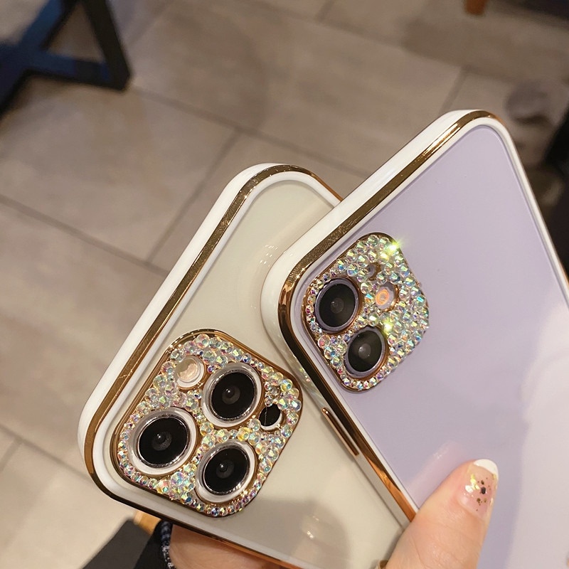 Soft Case Transparan Frame Electroplated Glitter Berlian Kamera Untuk iPhone 13 12 11 Pro X XS Max Mini XR SE2 7 8 Plus