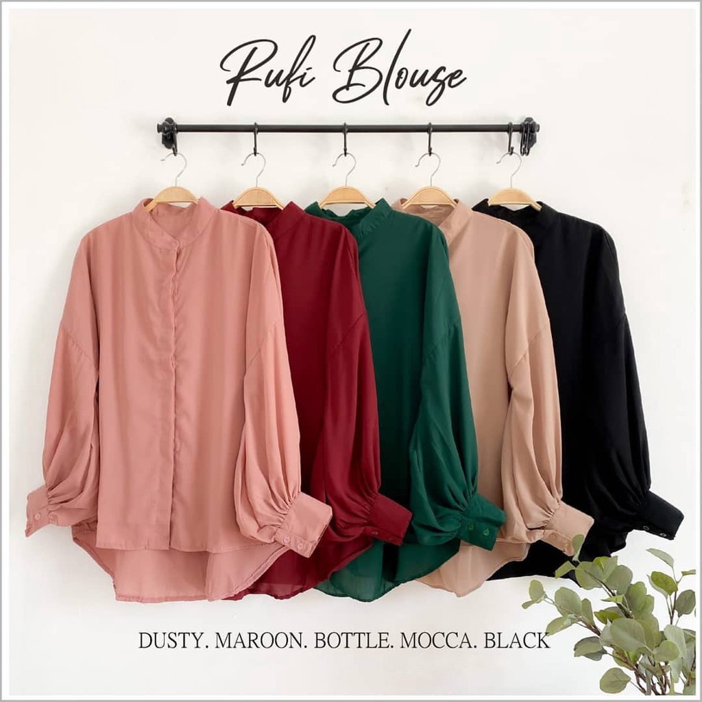 RUFI BLOUSE Baju Fashion Pakaian Atasan Wanita Dewasa Remaja Lengan Panjang Balon Terbaru Model Kekinian Bahan Moscrepe-1