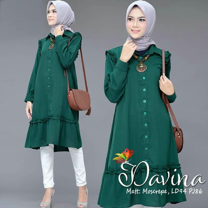tunik davina hijau fashion wanita atasan muslim blouse tunik muslim