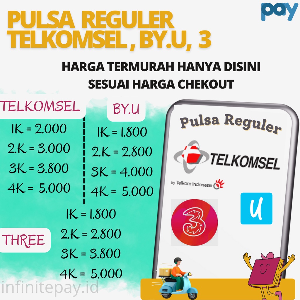 TERMURAH PROMO PULSA TELKOMSEL, BY.U DAN 3 (THREE) ( 1K-4K) LANGSUNG MASUK