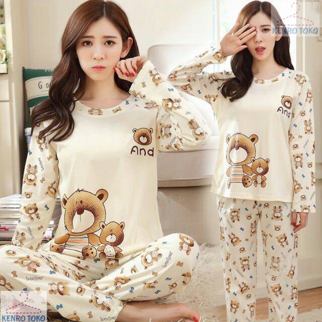 Baju Tidur Piyama Wanita Lengan Celana Panjang andBear 2in1 Setelan Perempuan Dewasa Remaja Korea