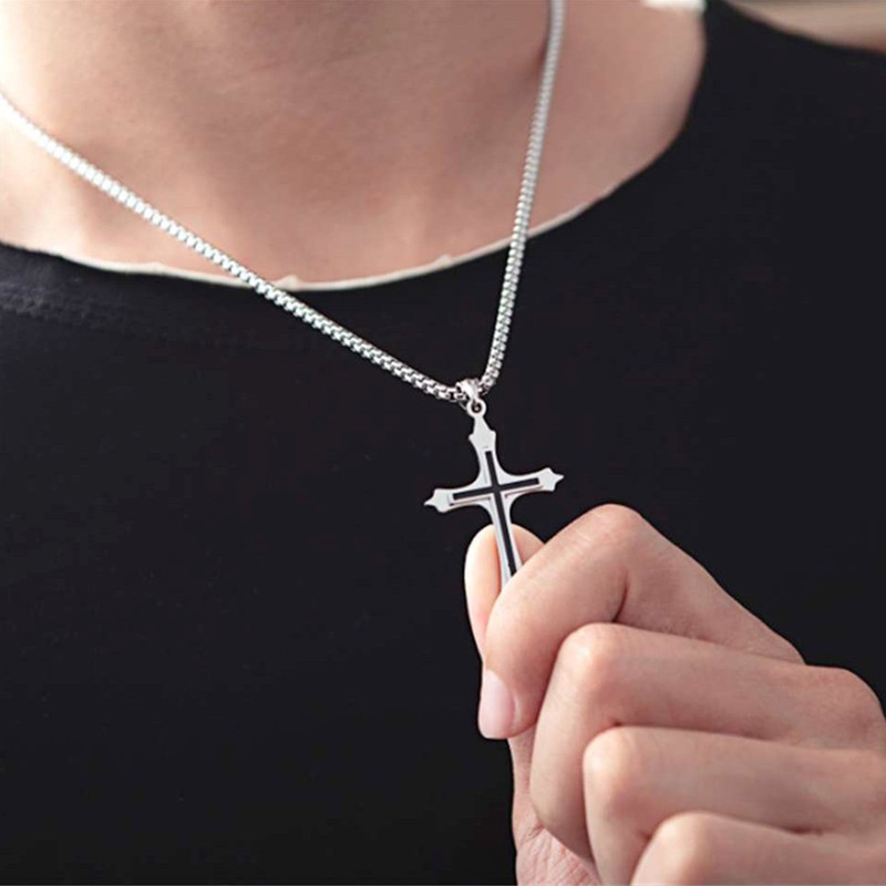 Kalung Rantai Liontin Salib Yesus Bahan Titanium Steel Alloy Warna Silver Untuk Pria Dan Wanita