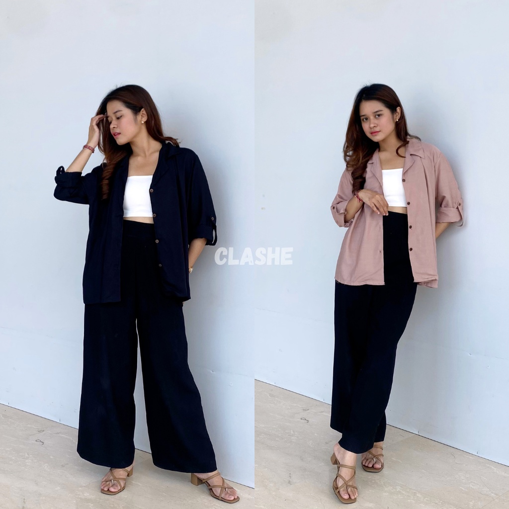 Kemeja Wanita Oversize Lengan Panjang Polos Casual Korea Kekinian Terbaru Rayon Molly Shirt by Clashe