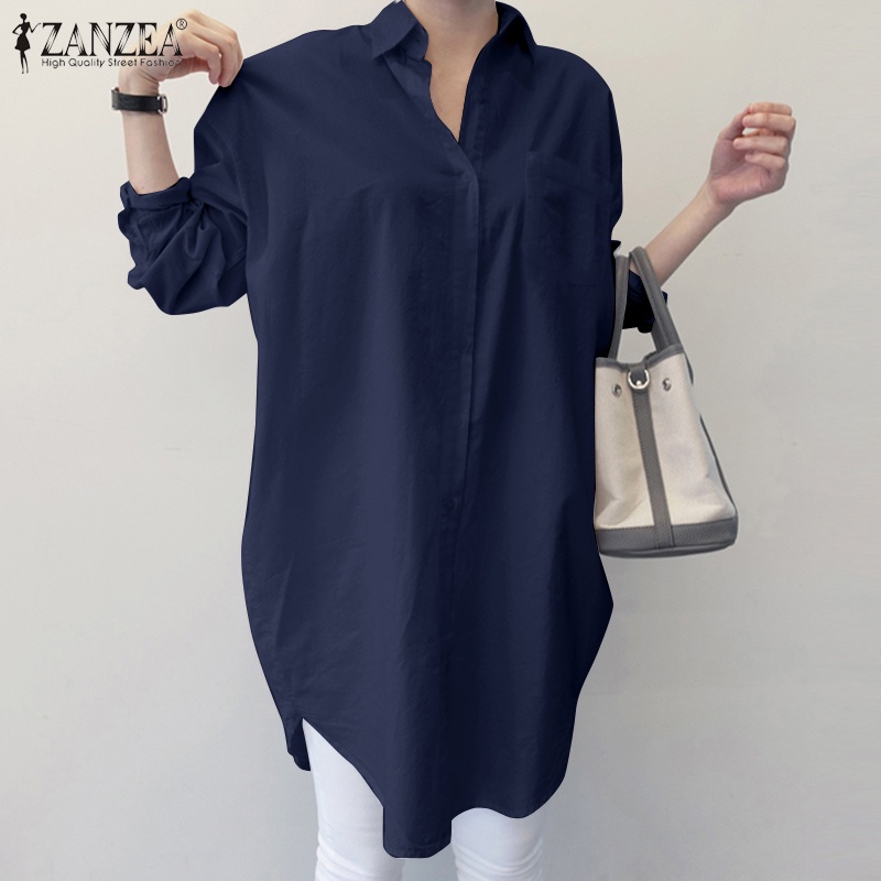 ZANZEA Womens Long Sleeve Lapel Collar Casual Solid Loose Blouse