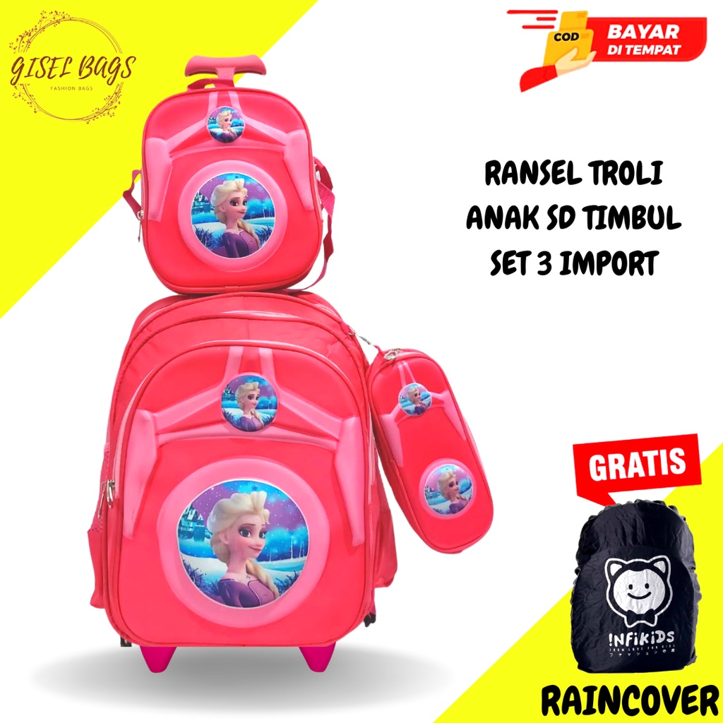 GB-Tas ransel troli anak perempuan SD tas ransel troli timbul tas ransel troli karakter lucu tas ransel troli import