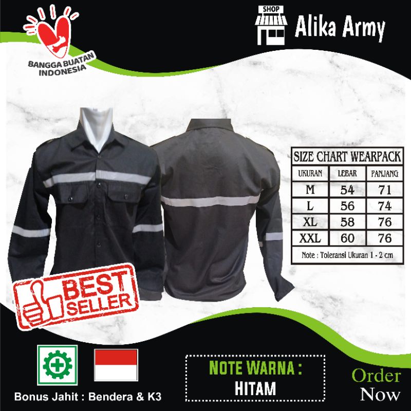 BAJU KERJA SAFETY / LAPANGAN / PROYEK / TAMBANG / KATELPAK /WERPACK PANJANG HITAM PRIA / WANITA