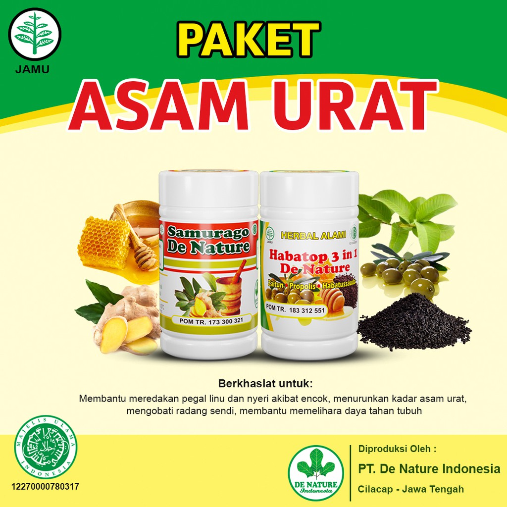 

OBAT HERBAL ASAM URAT REMATIK PEGAL LINU RADANG NYERI SENDI ENCOK- SAMURAGO HABATOP 3 IN 1 DE NATURE