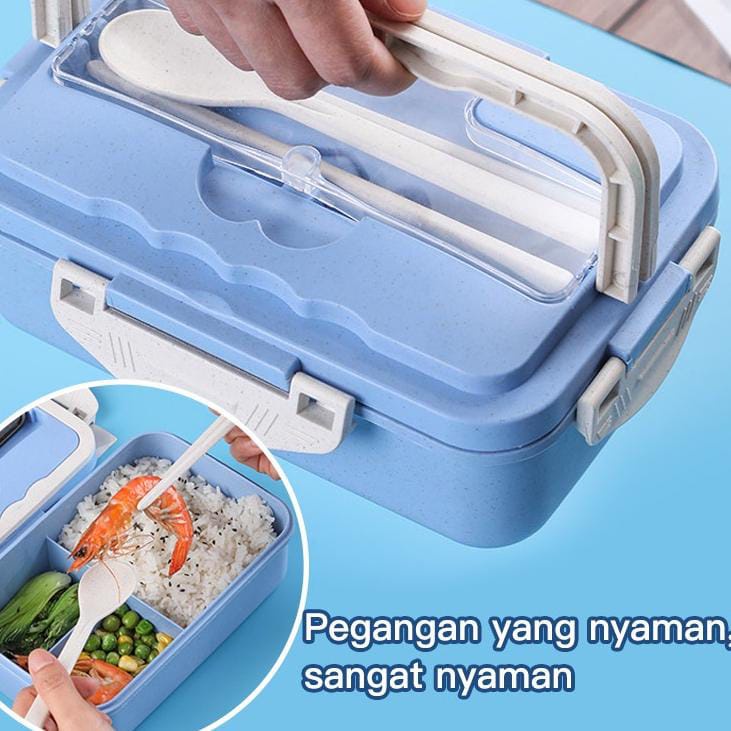 Lunch Box LB-1 Kotak Bekal Makan Siang Bahan Jerami Pegangan Melengkung + Sendok Dan Garpu