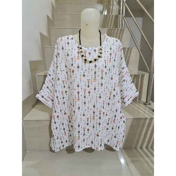 Blouse Brukat dan Kaos Bunga Import Jumbo XL-5XL-Putih Jumbo 5XL