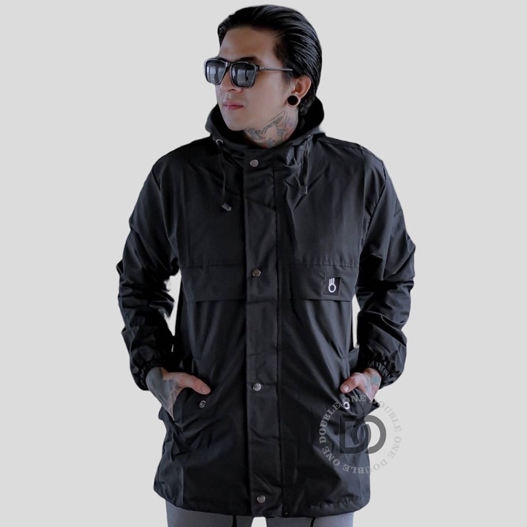 DOUBLE ONE - Jaket Hoodie Pria Outdoor Taslan Original The Bojiel / Jaket Parka Parasut / Jaket Hoodie Waterproof Hitam