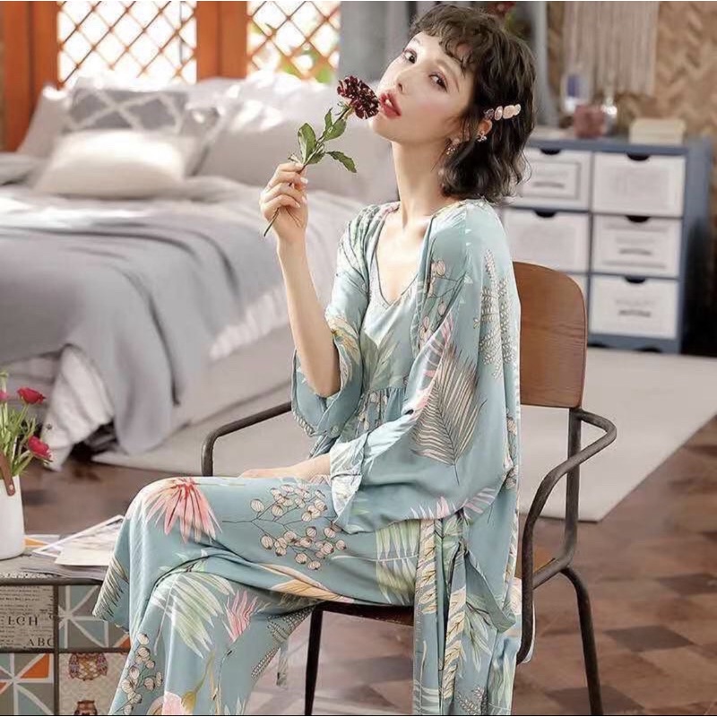 PIYAMA WANITA KAOS SPANDEX IMPORT BAJU TIDUR TANKTOP PREMIUM KIMONO SET 3IN1 ALL SIZE READY STOCK