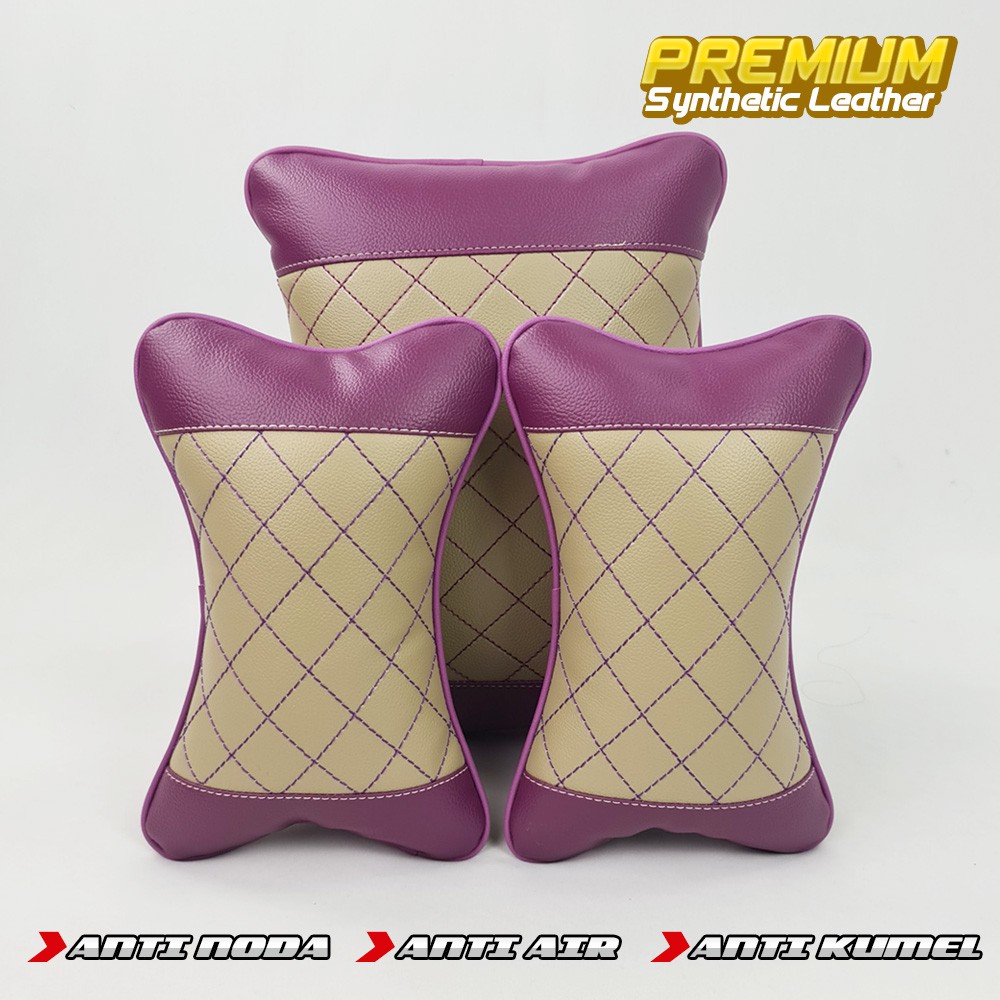 Bantal Mobil Set 2 In 1 / Bantal Leher dan Bantal Pinggang - Krem Ungu wajik