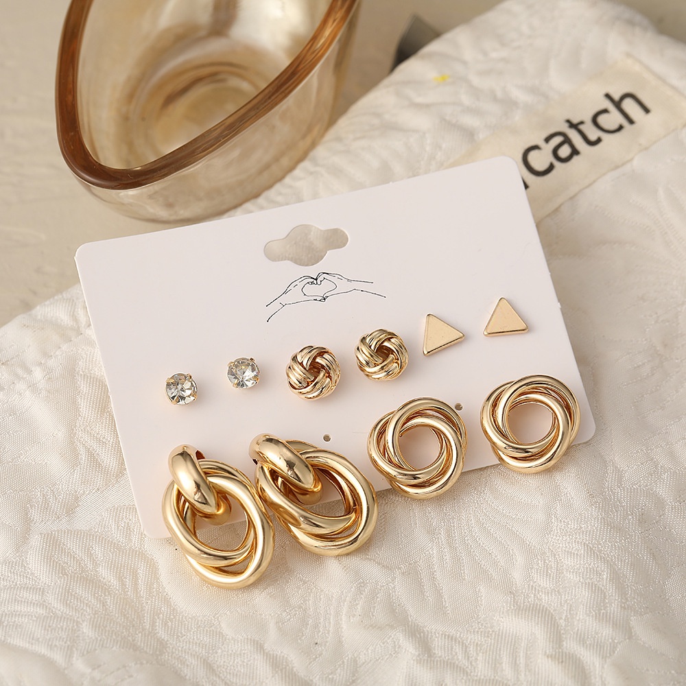 Set Anting Stud Bentuk Lingkaran Geometris Segitiga Bahan Logam Aksen Berlian Untuk Wanita