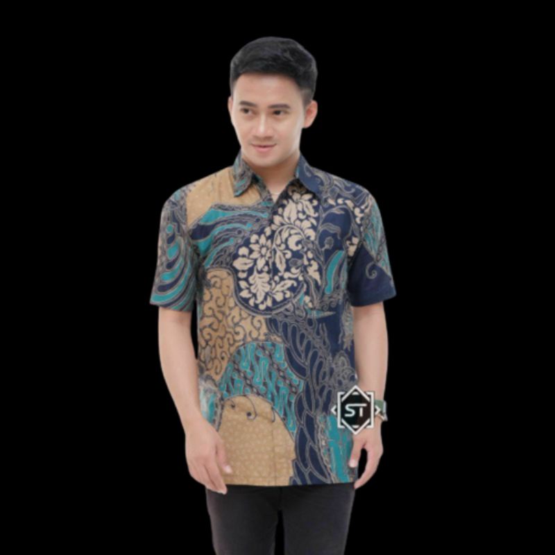 BSWARTBatik HRB026 Kenongo Hem Pendek Padi Pekalongan M L XL Batik Pria MURAH ModernGrosir-Hem cap toska