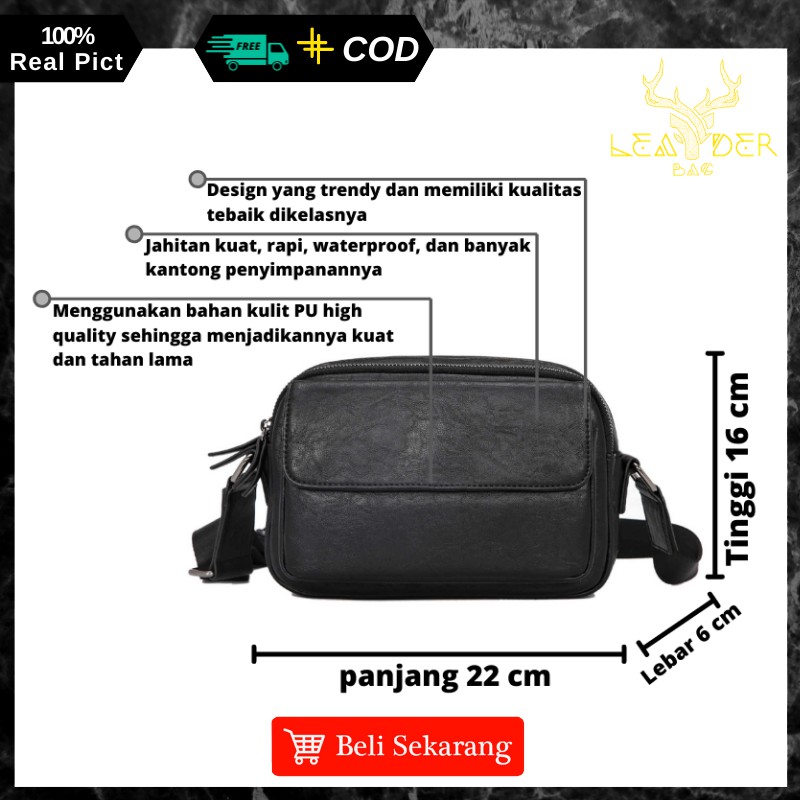 Tas Selempang Kulit Cowok Original Distro Keren Model Terbaru Waterproof Warna Hitam Berkualitas B09