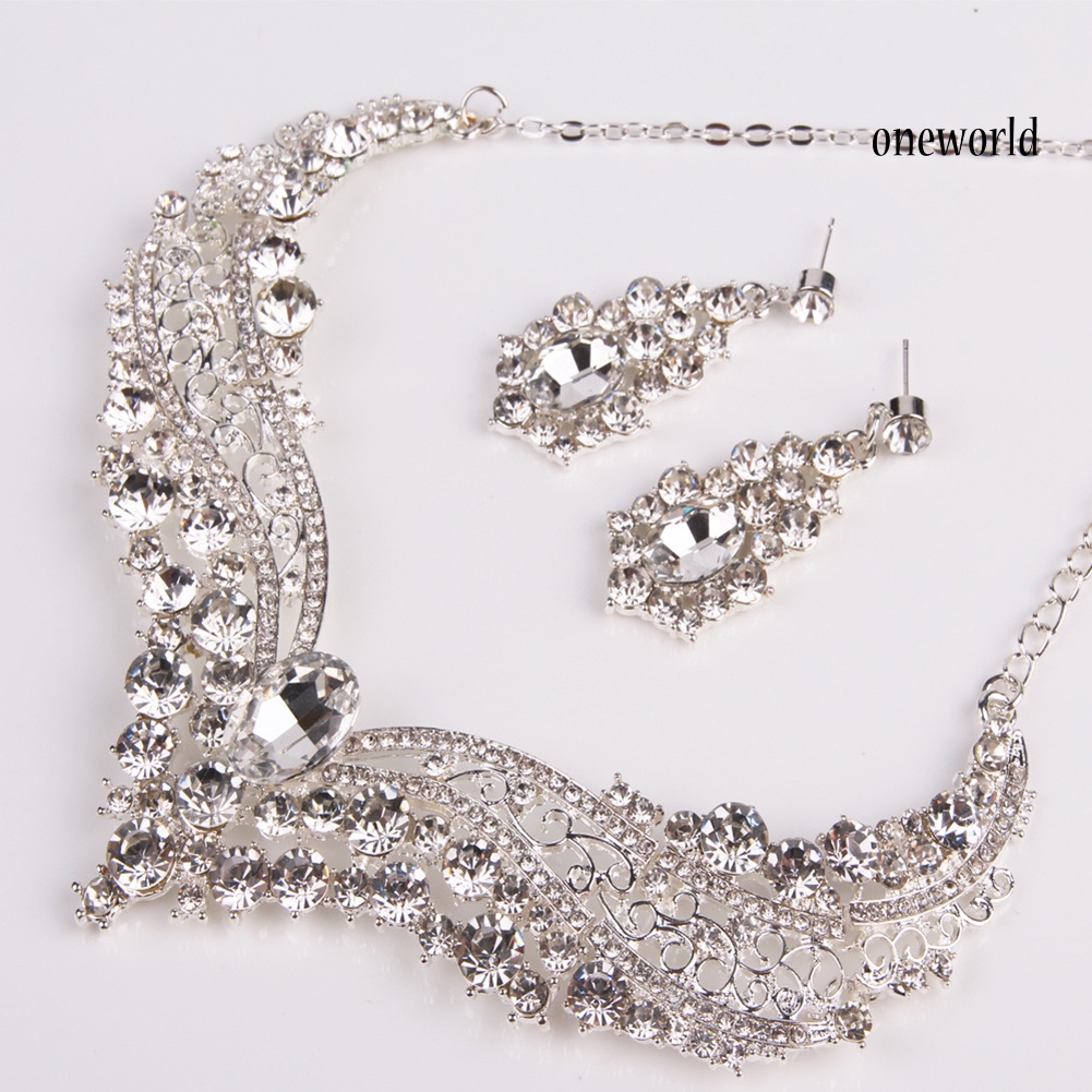 OW@ Wedding Bridal Queen Style Fully Shiny Rhinestone Necklace Earrings Jewelry Set