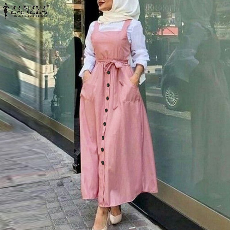 ZANZEA Women Casual Square Neck Buttons Sleevless Muslim Long Dress