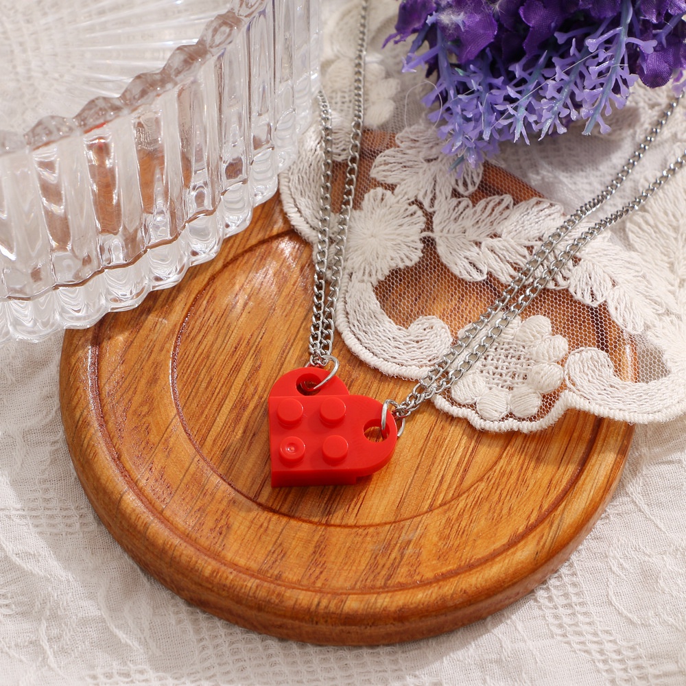 Unisex Heart Shaped Building Block Love Pendant Necklace Stitching Split Necklace Couple Necklace