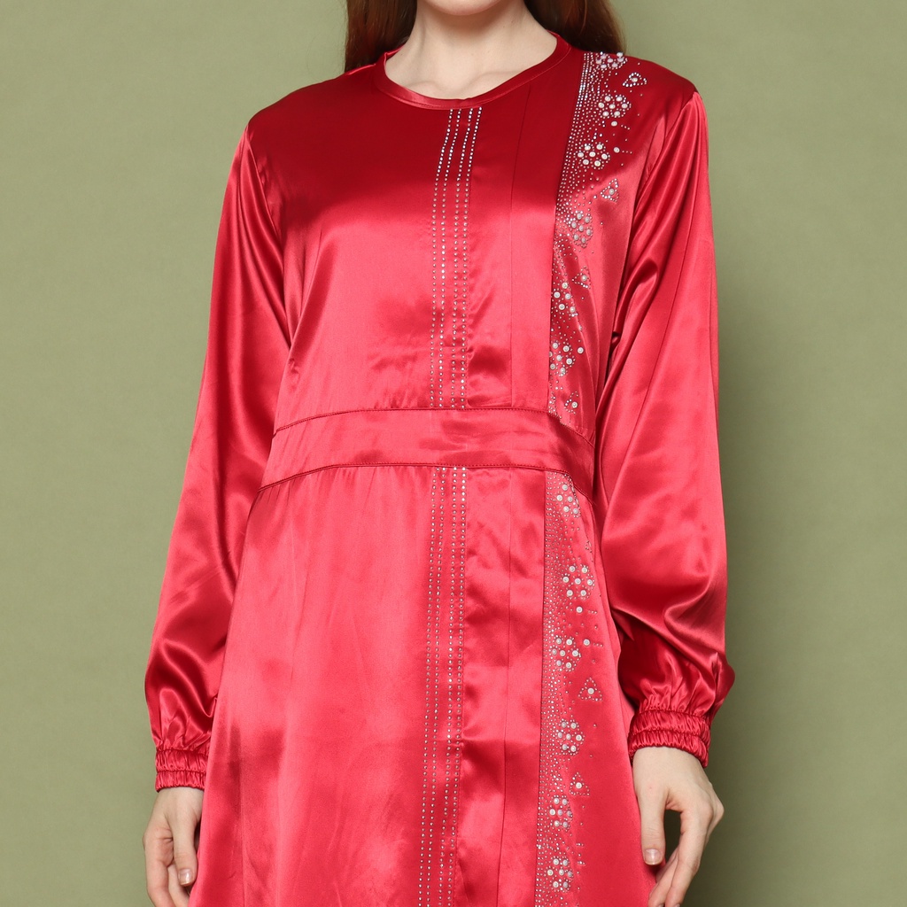 KAFTAN MODIST LEBARAN KONDANGAN SATIN WARNA MERAH MAROON KAFTAN ELEGANT DENGAN PAYET CRYSTAL