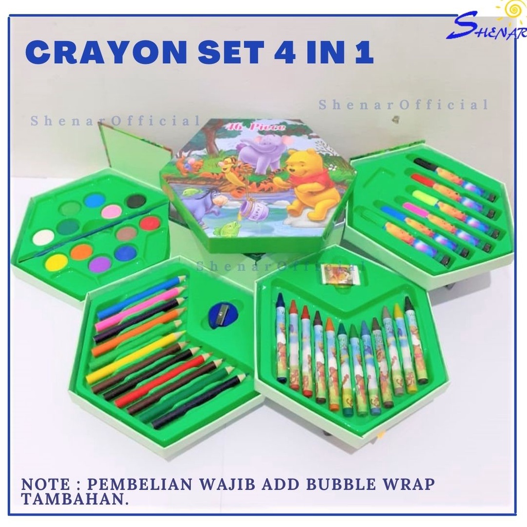 (700GR) SHENAR CRAYON SET 4 SUSUN WARNA ISI 46 PCS / ALAT LUKIS MENGGAMBAR / PERLENGKAPAN TULIS ANAK / ALAT MENGGAMBAR PENSIL WARNA CAT AIR KUAS