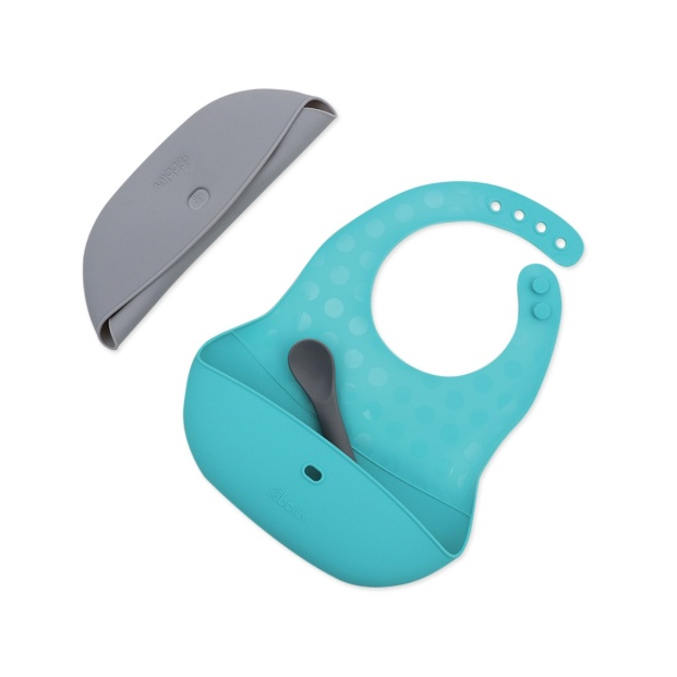 Bbluv Poket Portable Silicone Feeding Set - Celemek Makan Bayi  Aqua Grey Bib Bayi Celemek Bayi Bibs Silikon Silicone Baby Kids Makan Mini