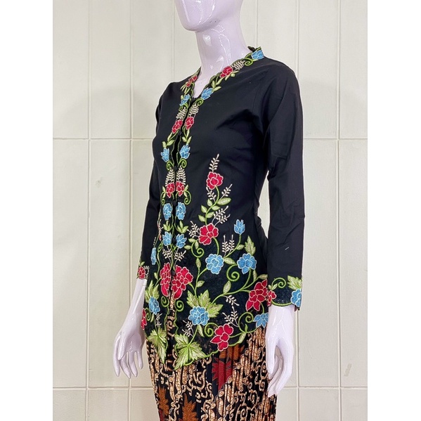 ESW03 - Daliyu KEBAYA ENCIM LENGAN PANJANG BORDIR WARNA Katun Stretch / Kebaya Wisuda / S M L XL XXL-Hitam