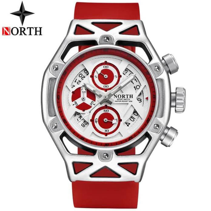 Jam Tangan Pria Original NORTH 7710 Chronograph Anti Air Red Silver JS0080
