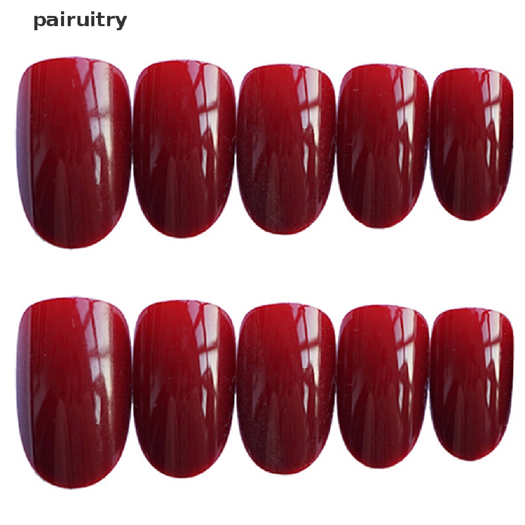 24pcs Kuku Palsu Kepala Bulat Warna Red wine Dengan Lem Untuk Dekorasi Manicure