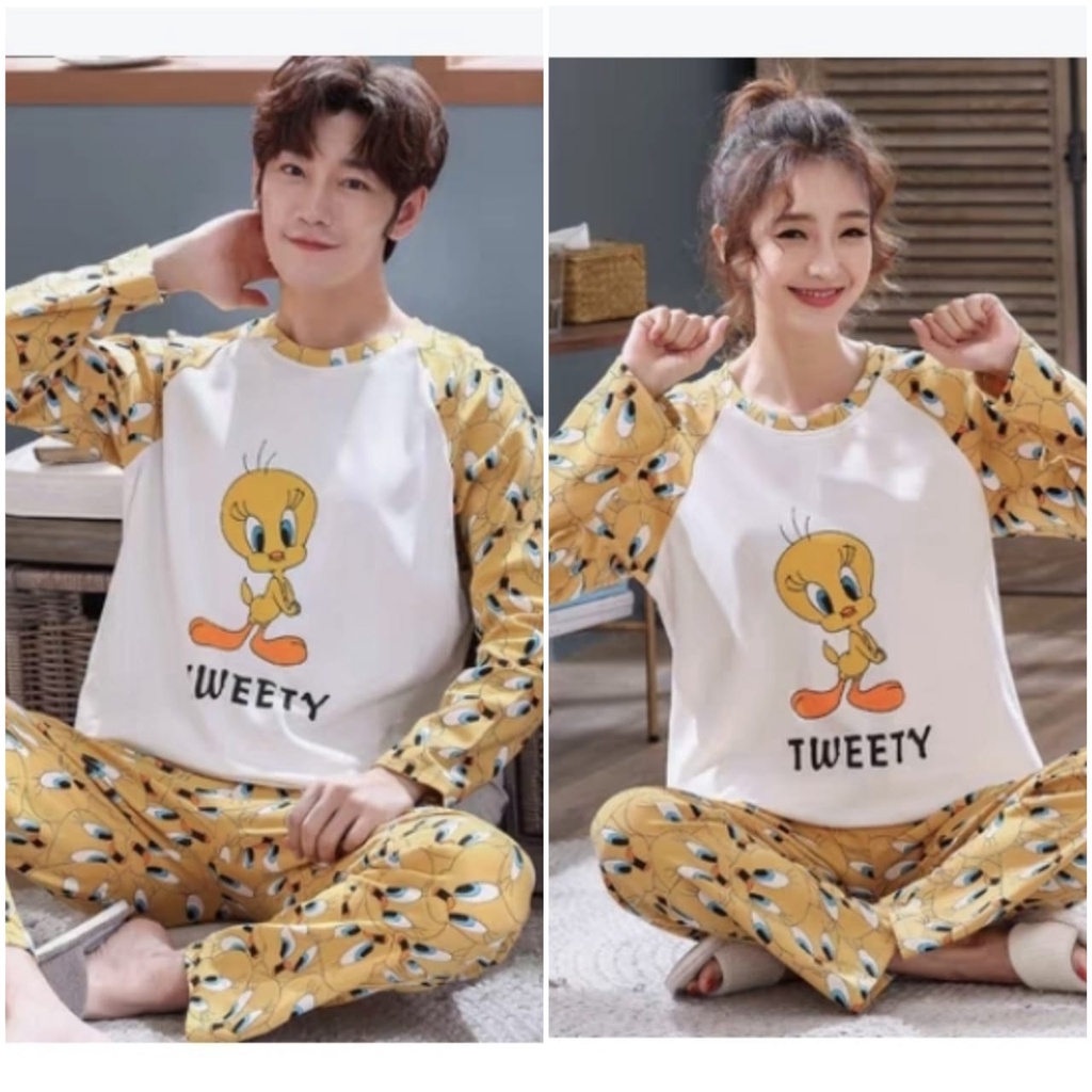 BAJU TIDUR PIYAMA CEWEK COWOK COUPLE KATUN TEBAL HALUS IMPORT BERKUALITAS JUMBO SIZE L-XXXXL FIT TO 95KG LENGAN PANJANG SETELAN CELANA PANJANG MOTIF TWITI KUNING TERBARU