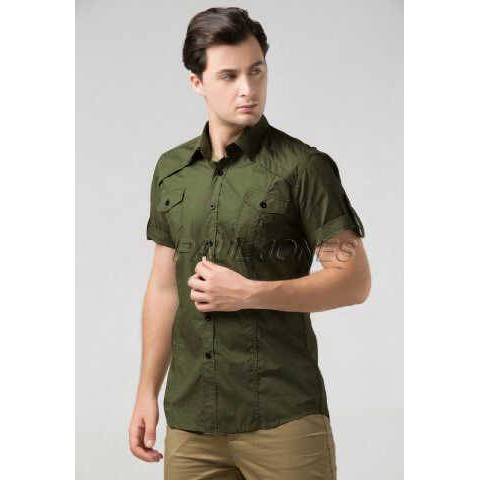 KEREN  kemeja pria lengan pendek bahan street hijau army (hem albert army VL)