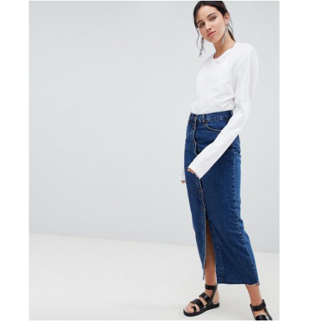 Wanita Rok Panjang Musim Trendy Rok Jeans Span Kancing