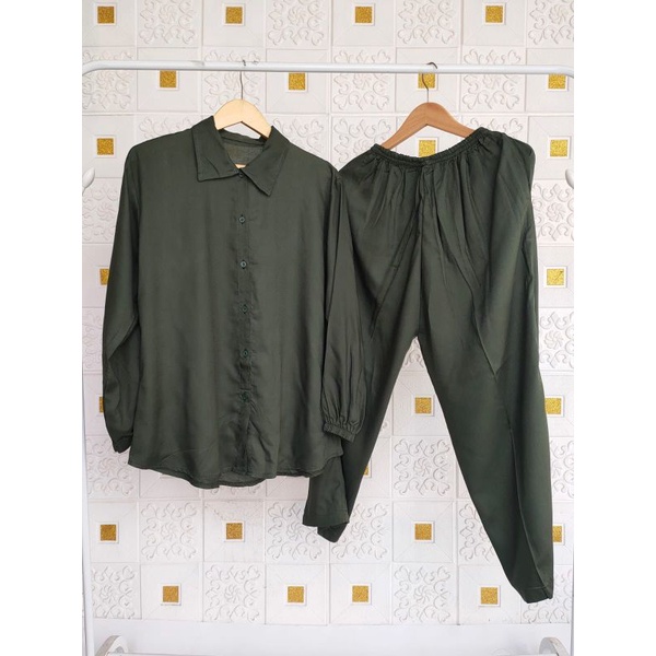 TPKK One Set Kerah Piyama Wanita Kekinian Rayon polos Pajamas Tangan Panjang Lengan Kerut Karet