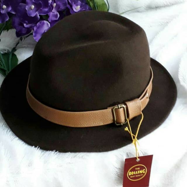 Topi fedora tali coklat Topi laken kualitas super