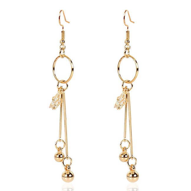 LRC Anting Gantung Fashion Golden Diamond-shaped Five-pointed Star Tassel Geometric Round Alloy