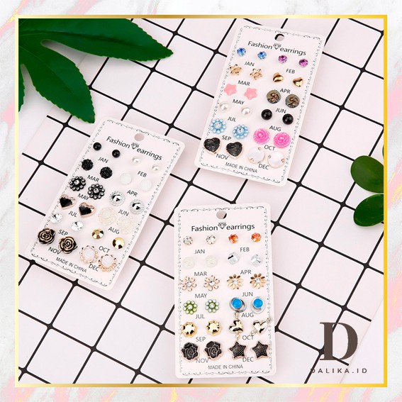 12 Pasang Anting Set Tusuk 12 in 1 Nama Bulan Anting Kristal Fashion Anting Korea Aksesoris