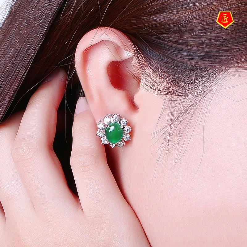 [Ready Stock]925 Silver Simple Green Chalcedony Stud Earrings