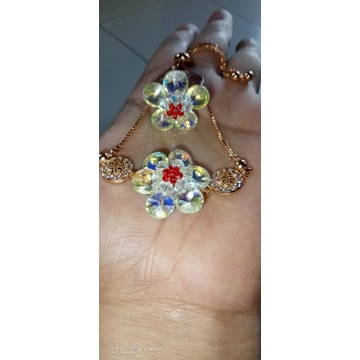 Set Gelang serut plus cincin bunga kristal Swarovski asli Austria ORI