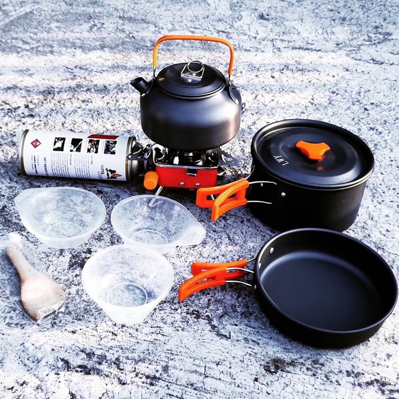 Paket Alat Masak Camping Lengkap - Cooking Set DS 308 Kompor Kotak Teko Gelas