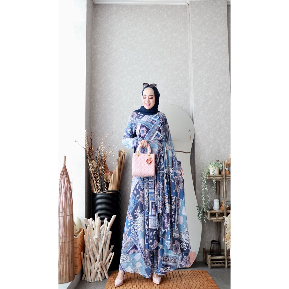 Pakaian Wanita Airani Set 4 Set Atasan Long Tunik + Celana Kulot Super Lebar Bahan Ceruty Babydoll L