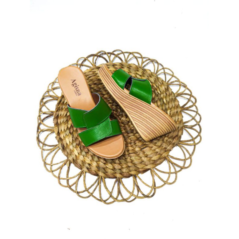 wedges sandal kulit sapi asli garut 7cm model silang anyam