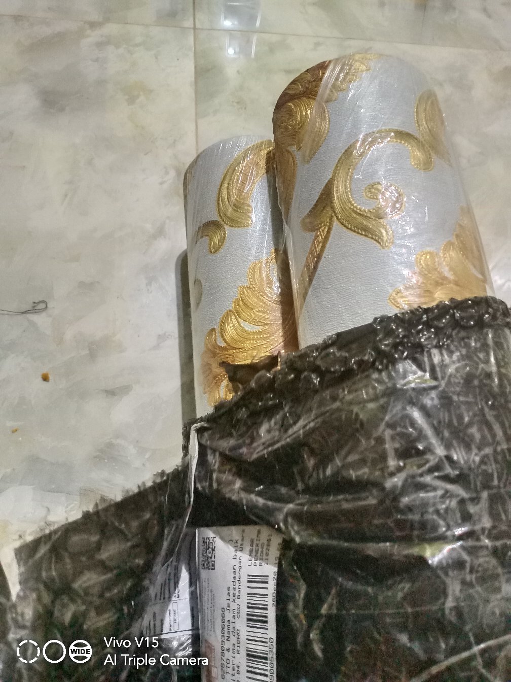 Wallpaper Dinding Klasik Biru Cream Gold Abu Mewah Emboss